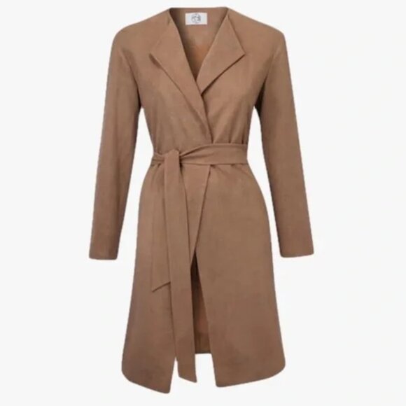 Marei 1998 Faux Suede Robe Jacket Coat in Tan Brown Vegan Sustainable Leather - Picture 1 of 14